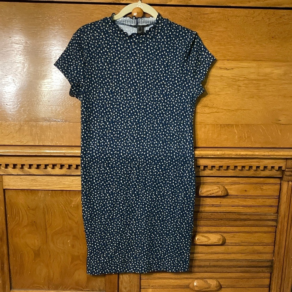 Forever 21 Navy Blue Ribbed Mock Neck Lettuce Edge Mini Dress Lg NEW Boho Casual